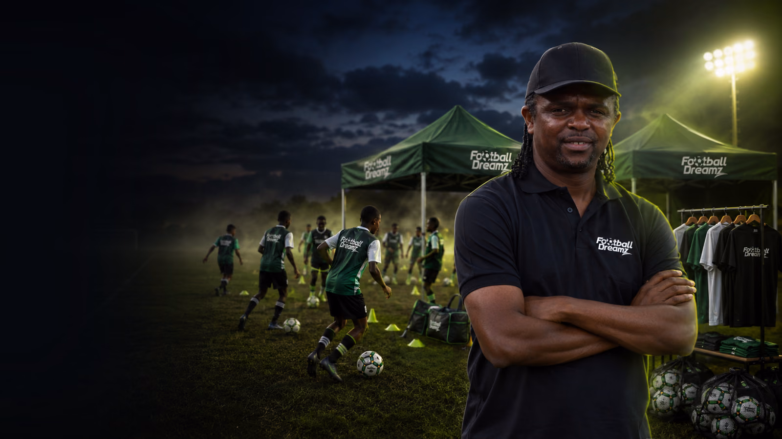 Nwankwo Kanu on a floodlit pitch, players training at a Football Dreamz camp behind him